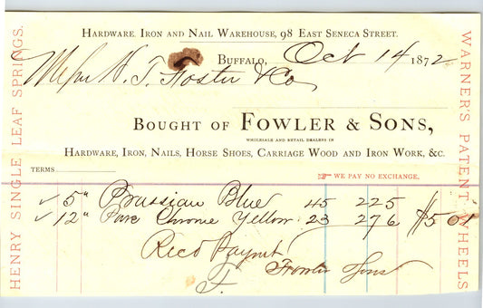 Buffalo New York 1872 Fowler Sons Hardware Horse Shoes Billhead - 8.5 x 5