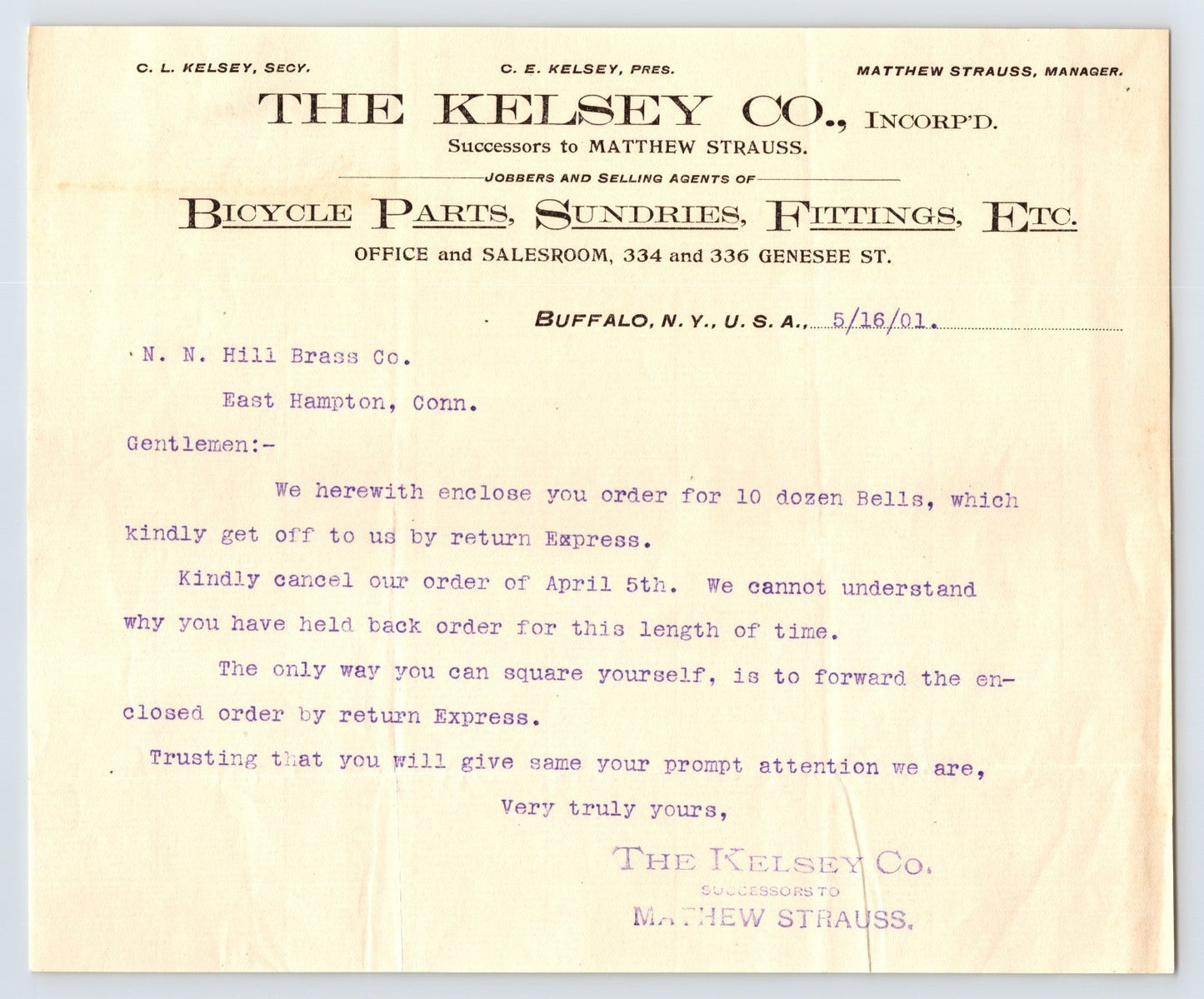 Buffalo New York The Kelsey Company bicycle parts letterhead 1901 document