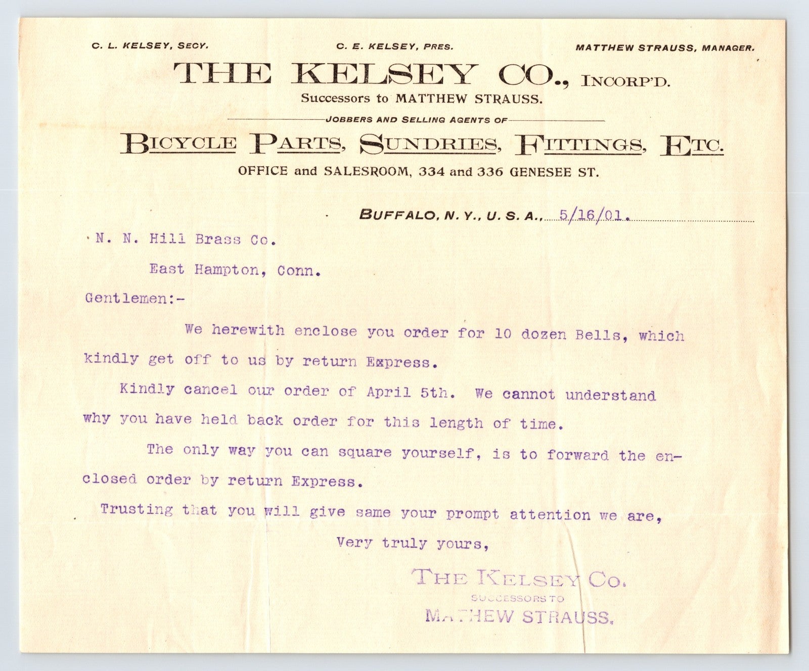 Buffalo New York The Kelsey Company bicycle parts letterhead 1901 document