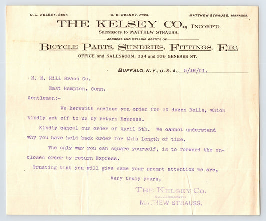 Buffalo New York The Kelsey Company bicycle parts letterhead 1901 document
