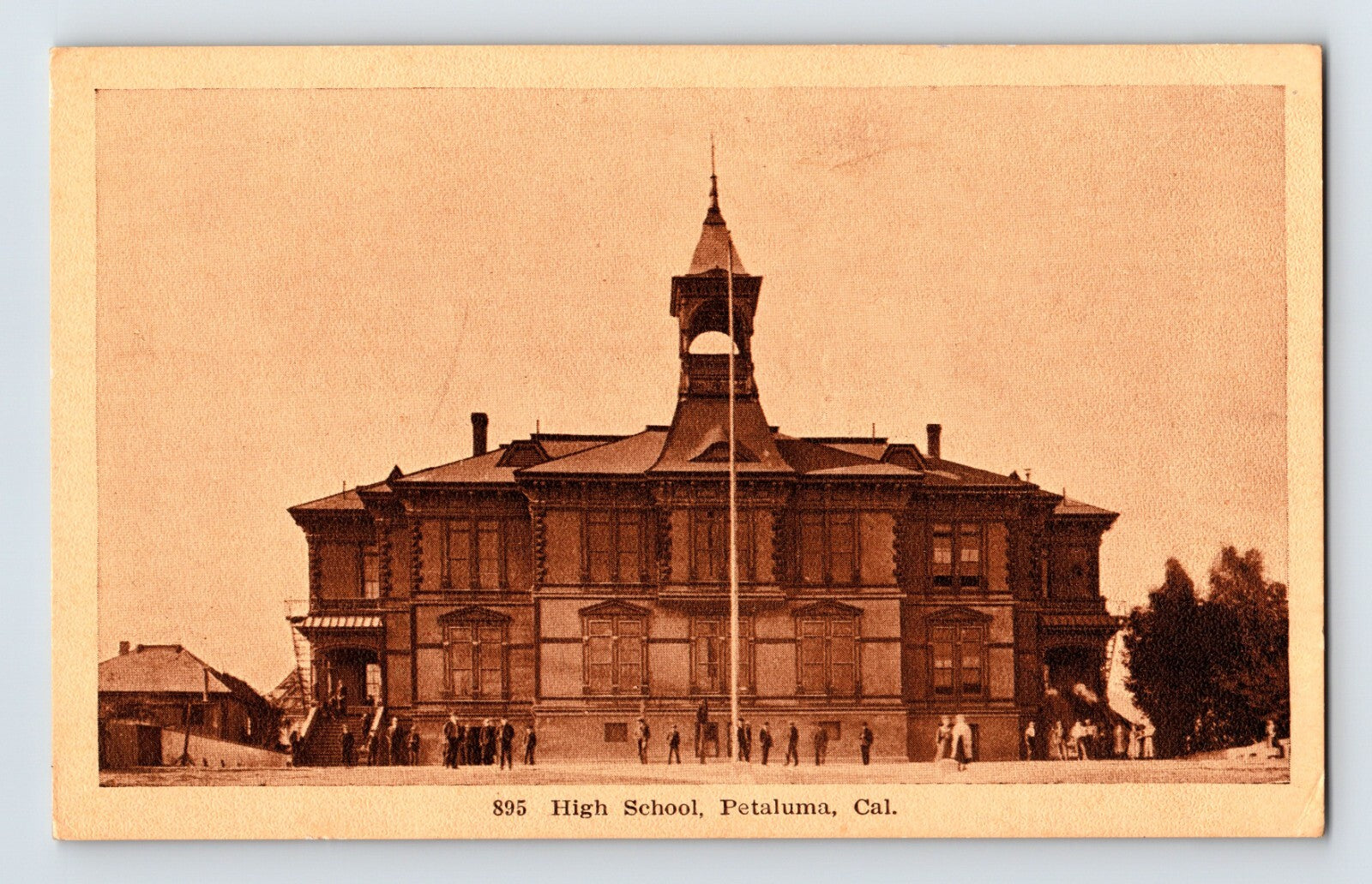 Petaluma California High School historic school building sepia postcard view 1910s
