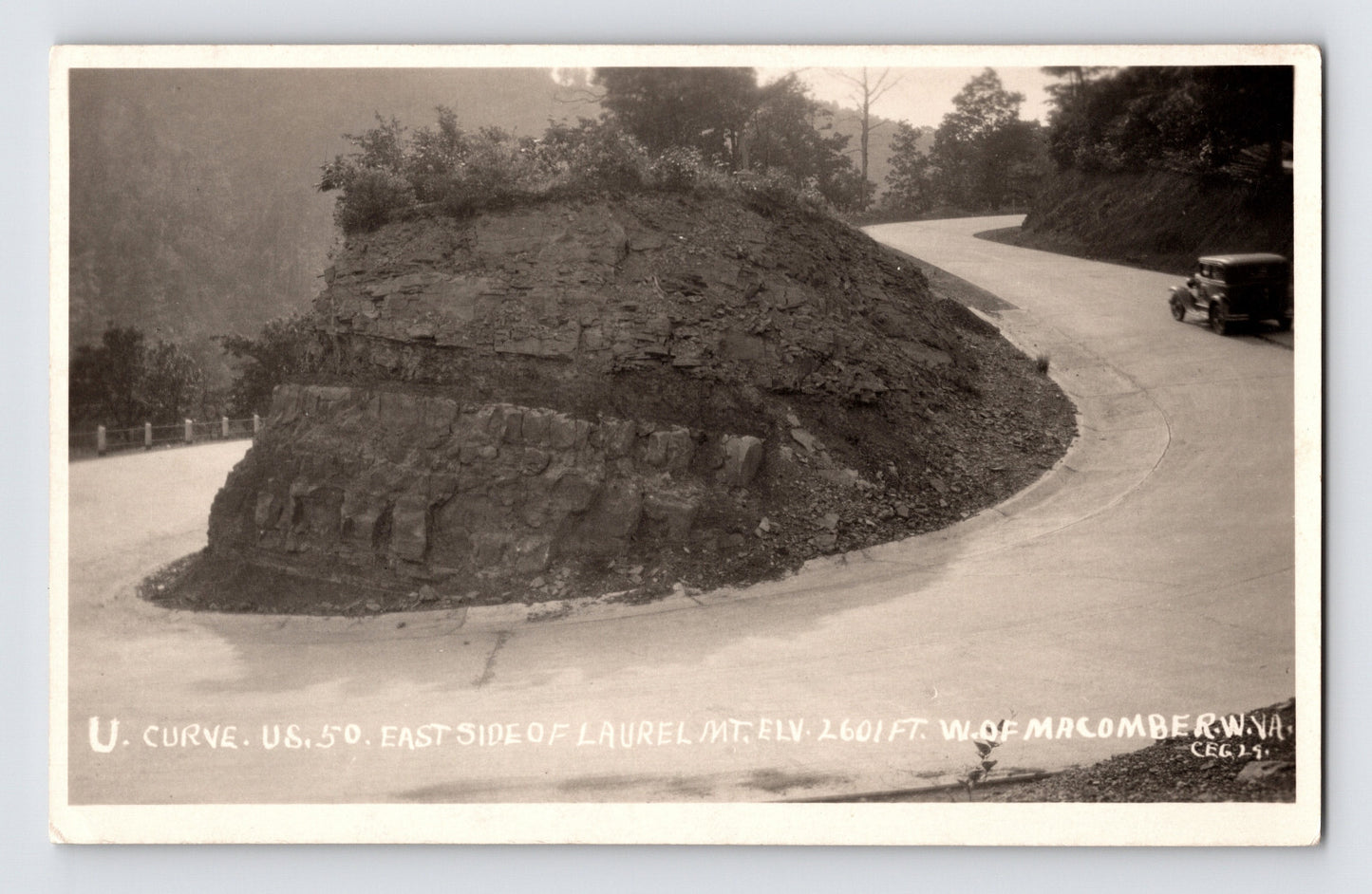 1930s West Virginia Laurel Mountain Route 50 U curve mountain road automobile real photo postcard archival image