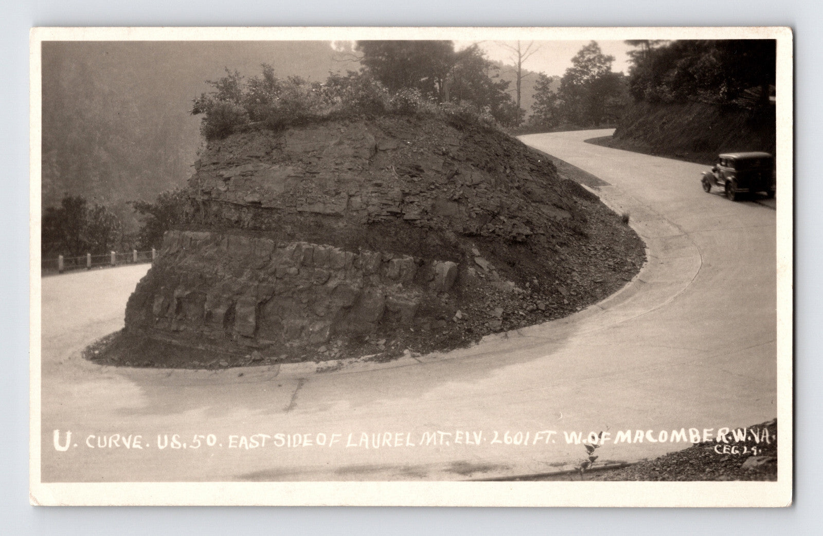 1930s West Virginia Laurel Mountain Route 50 U curve mountain road automobile real photo postcard archival image