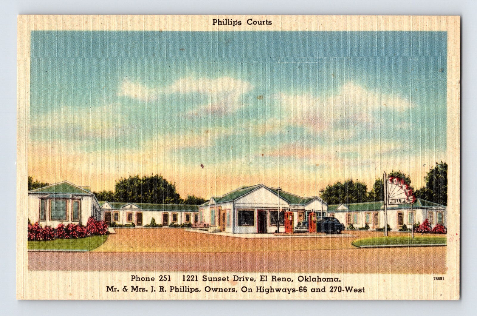 El Reno Oklahoma Phillips Courts linen postcard featuring Route 66 roadside motel complex with vintage motor court architecture.