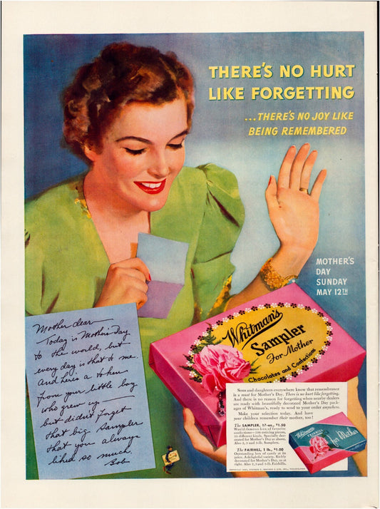 Whitmans Chocolate Sampler 1940 Mothers Day candy print ad woman gift box vintage advertising page