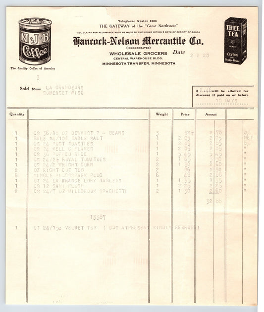 Minneapolis Minnesota 1928 Hancock Nelson Mercantile Billhead 8 x 9