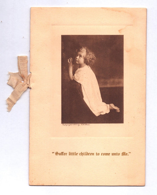Sepia photograph of young girl praying with caption Suffer little children to come unto Me mounted on 1930 Oklahoma City baptism program 5.5 x 4.5