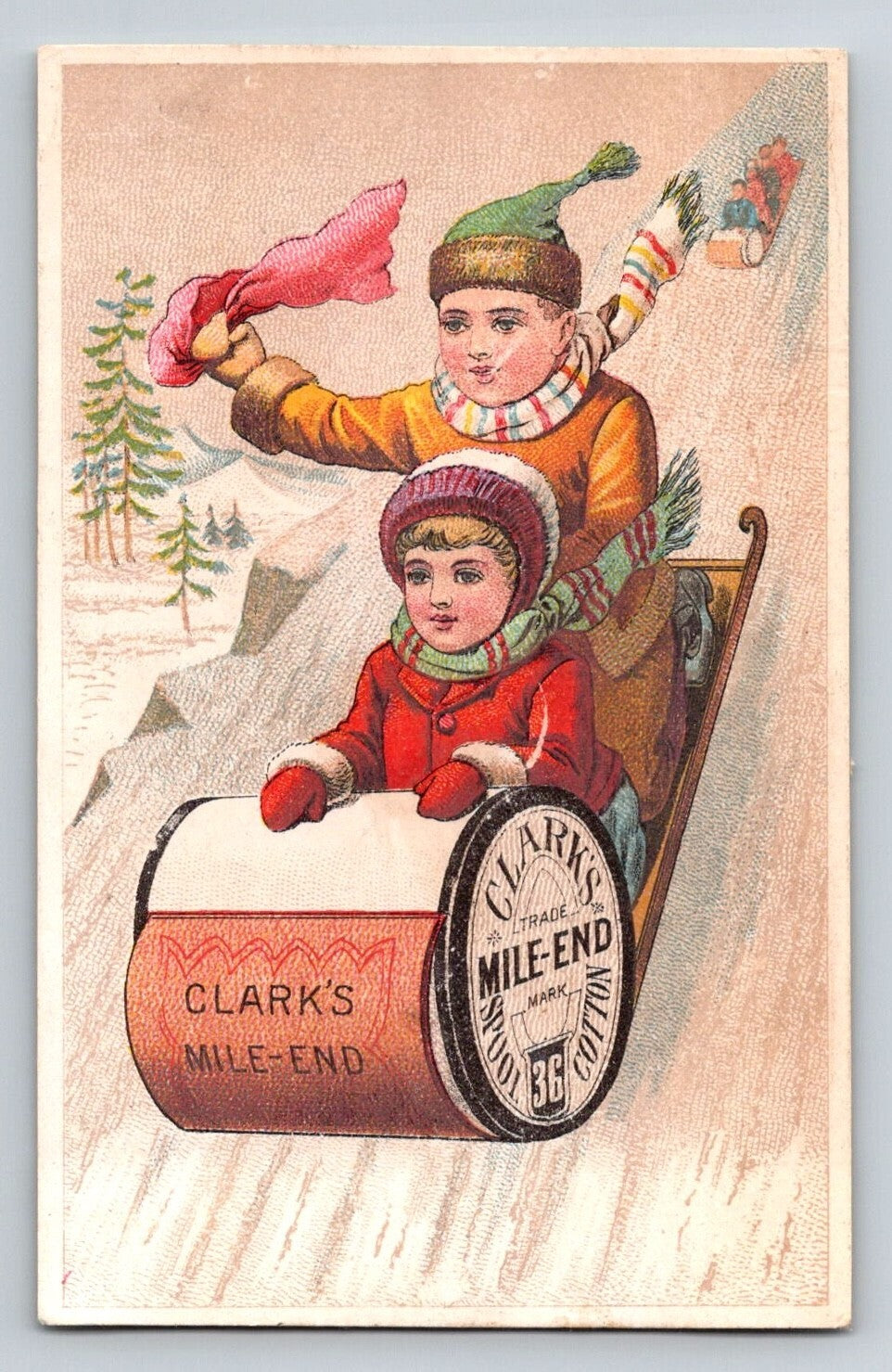 Victorian trade card advertising Clark’s Mile-End thread showing two children riding downhill on a spool-shaped sled through a snowy winter scene.