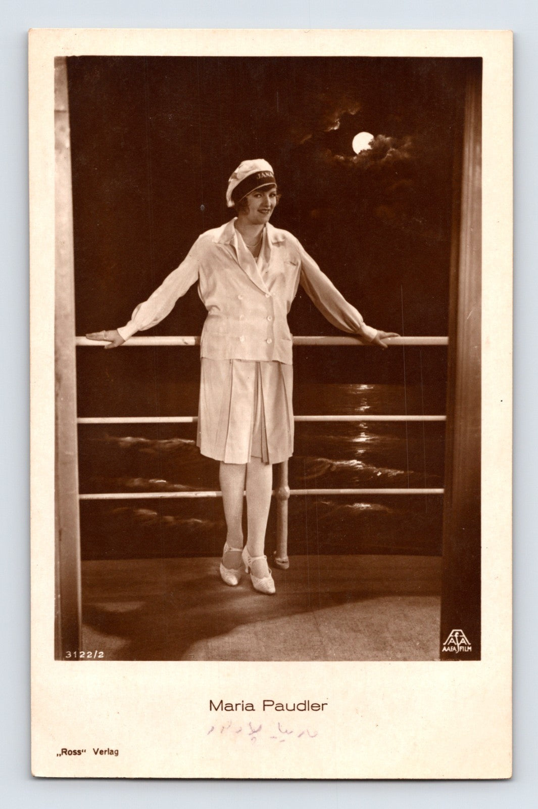 Maria Paudler 1930s studio portrait balcony night scene Ross Verlag RPPC postcard