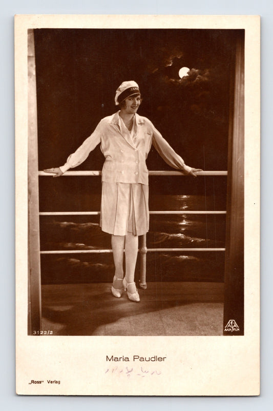 Maria Paudler 1930s studio portrait balcony night scene Ross Verlag RPPC postcard