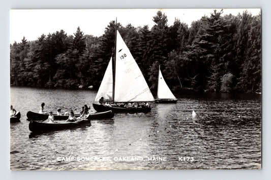 Camp Somerset Oakland Maine sailboats and canoes on lake with forest shoreline real photo postcard