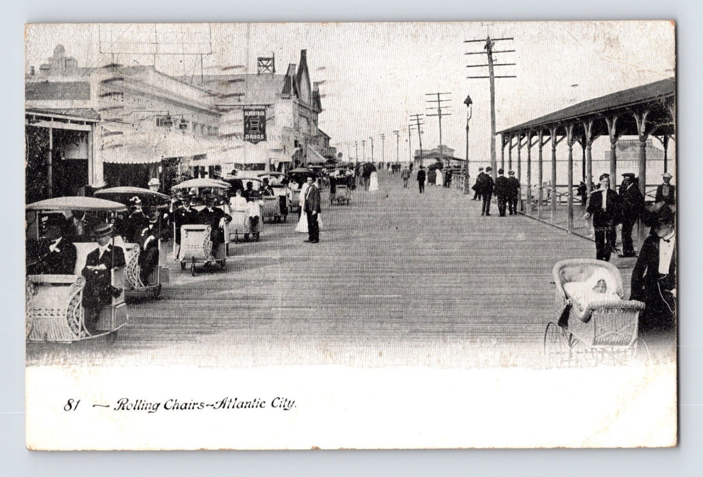 Atlantic City New Jersey boardwalk rolling chairs early automobiles crowd 1910 postcard