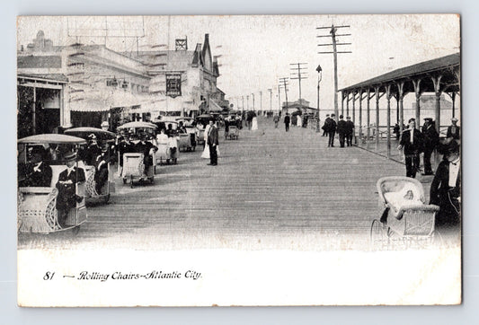 Atlantic City New Jersey boardwalk rolling chairs early automobiles crowd 1910 postcard