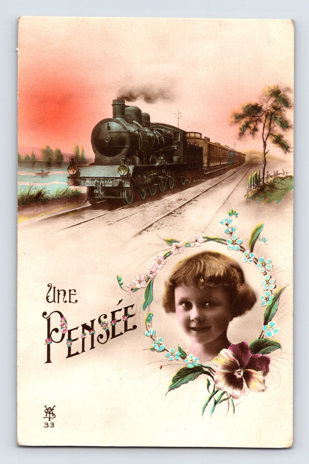 Railroad Train French Une Pensee Little Girl Pansy 1910s Postcard
