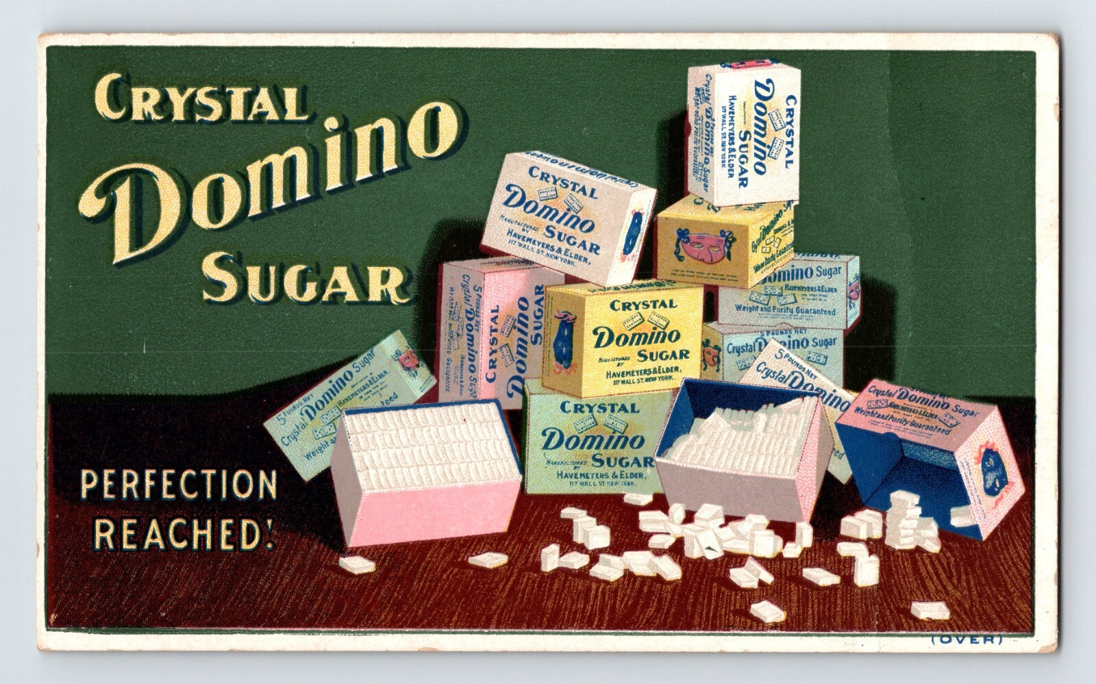 Crystal Domino Sugar Victorian trade card showing stacked cube boxes and loose sugar cubes with Perfection Reached slogan, 1890s advertising card