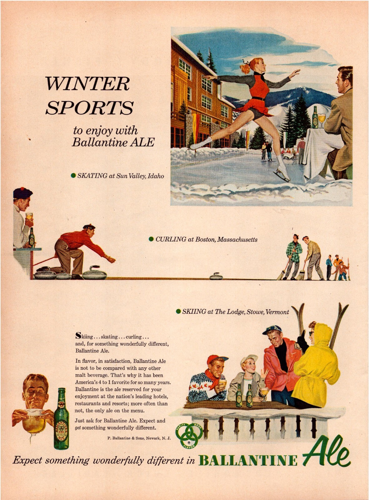 Ballantine Ale 1954 print ad winter sports ice skating skiing curling full page