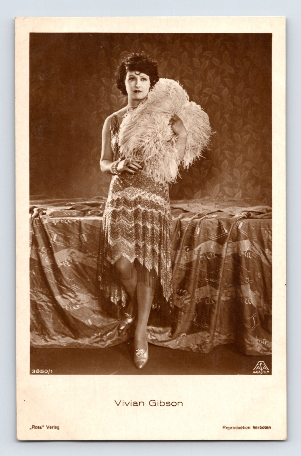 Vivian Gibson silent film actress portrait feather fan 1930s RPPC postcard
