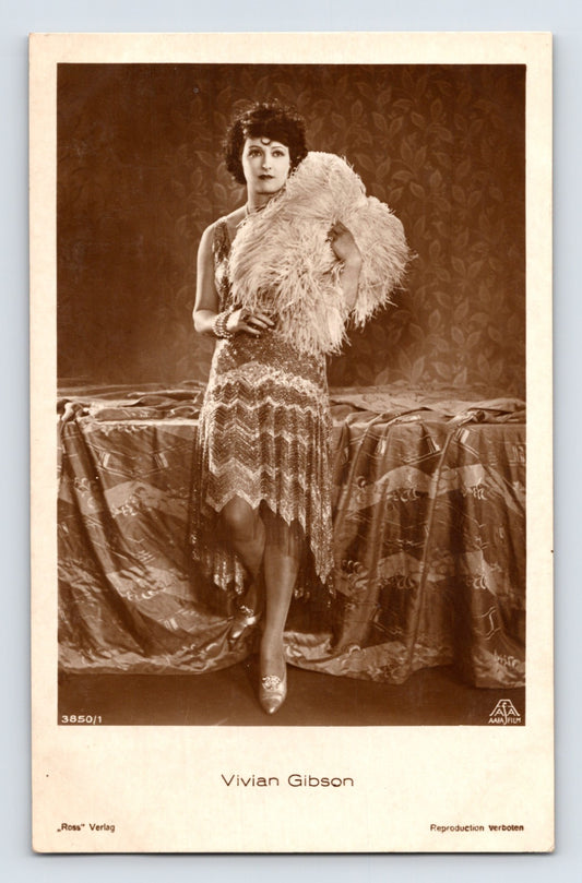 Vivian Gibson silent film actress portrait feather fan 1930s RPPC postcard