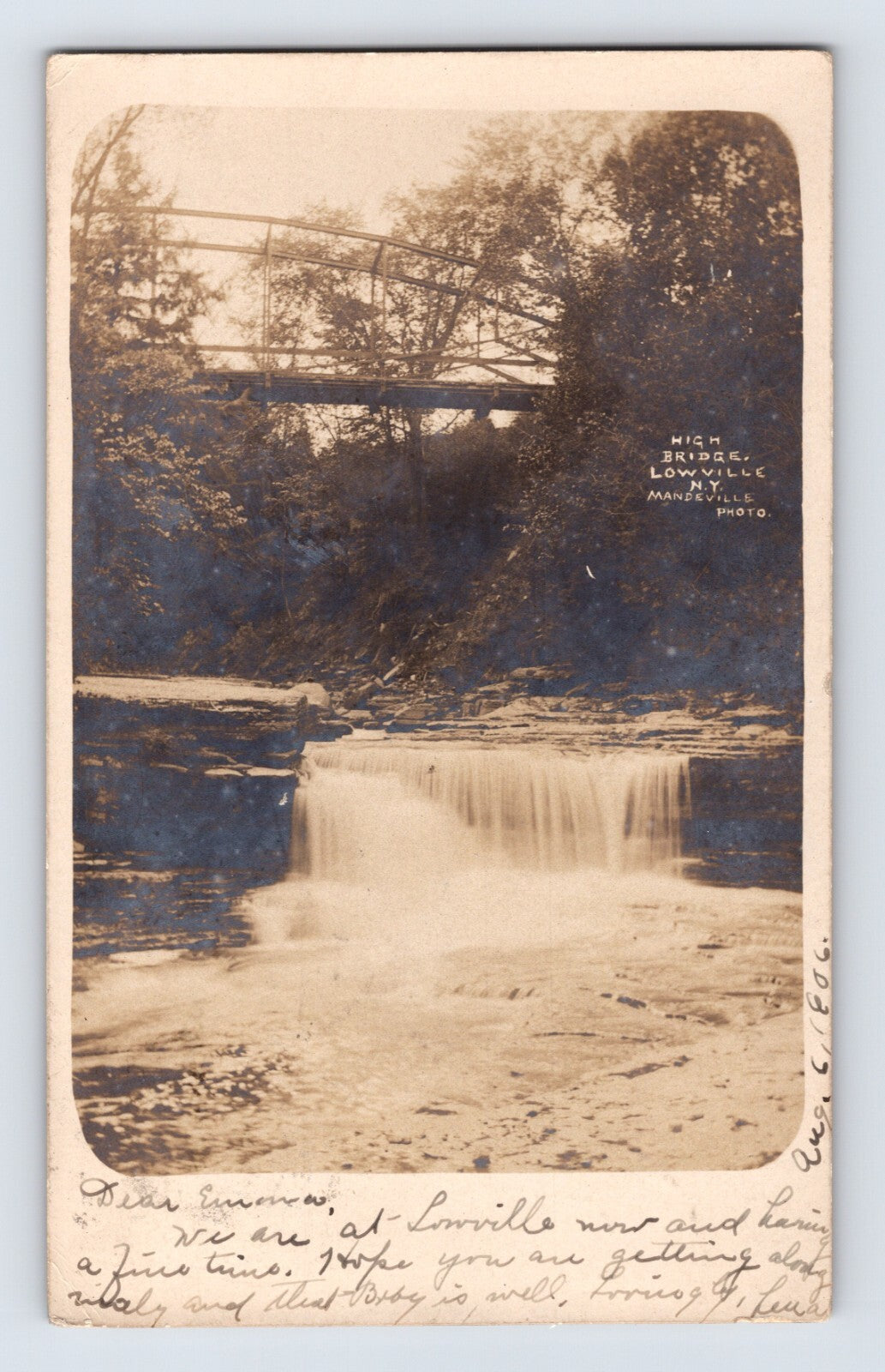 Lowville New York High Bridge waterfall 1905 real photo postcard