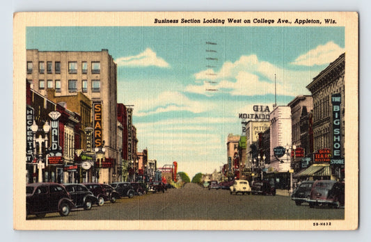 1946 Appleton Wisconsin College Avenue downtown street scene postcard showing storefront signage cars and busy commercial district looking west
