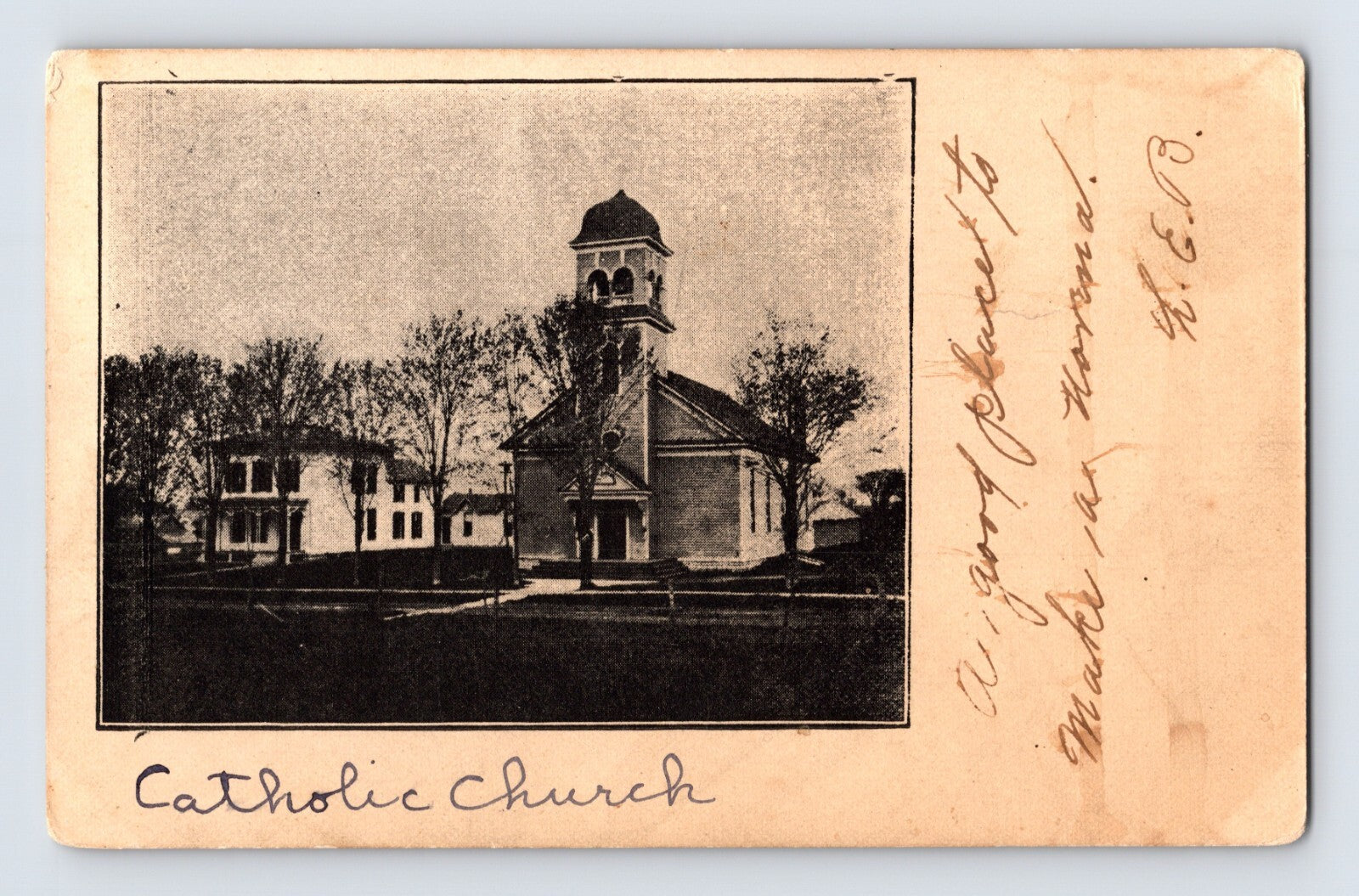 Lowville New York Catholic Church St Peter early 1900s church building with bell tower undivided back postcard posted