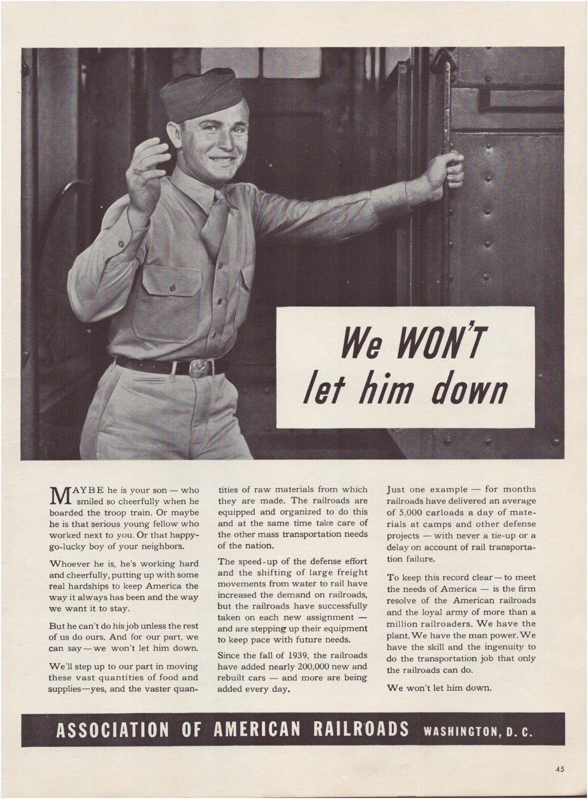 American Railroad Association 1941 Print Ad WWII Soldier Full Page - 10.5 x 13.5