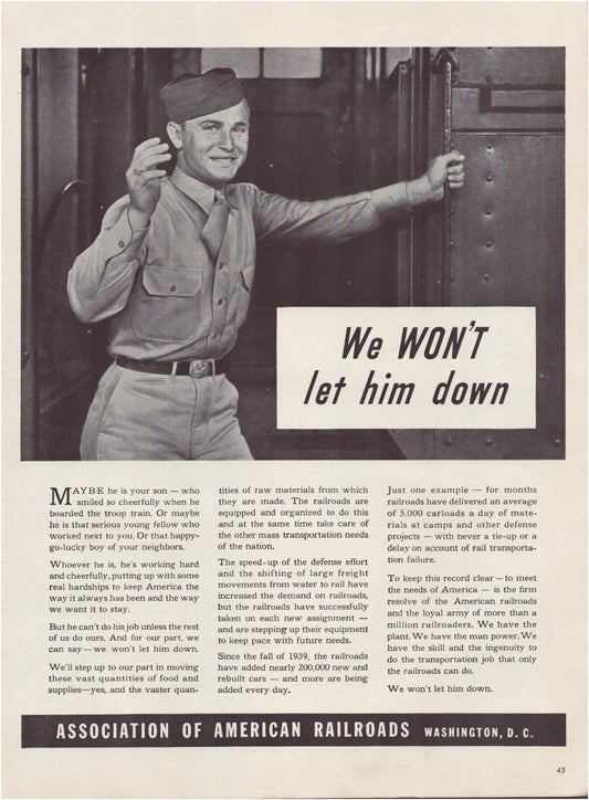 American Railroad Association 1941 Print Ad WWII Soldier Full Page - 10.5 x 13.5