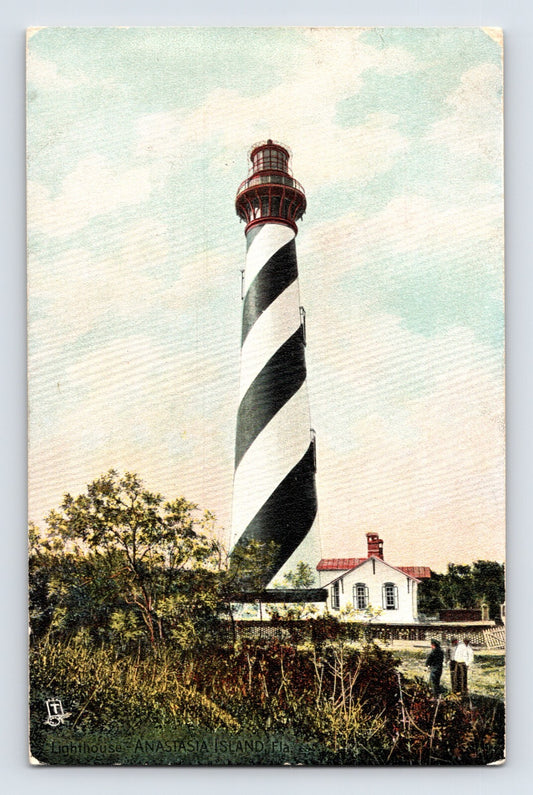 Anastasia Island Florida lighthouse striped tower St Augustine beacon 1910s postcard coastal scene