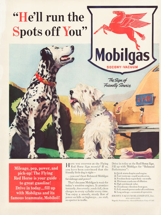 Mobilgas Socony 1940 Dalmatian Scotty Service Station Print Ad 10.5 x 13.5