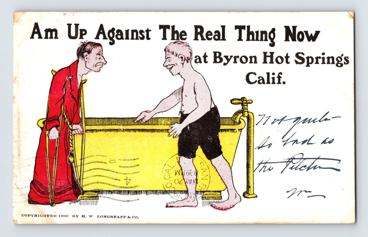 Byron Hot Springs California comic postcard showing cartoon bathhouse scene with man in tub and figure in red robe beside humorous resort caption text.