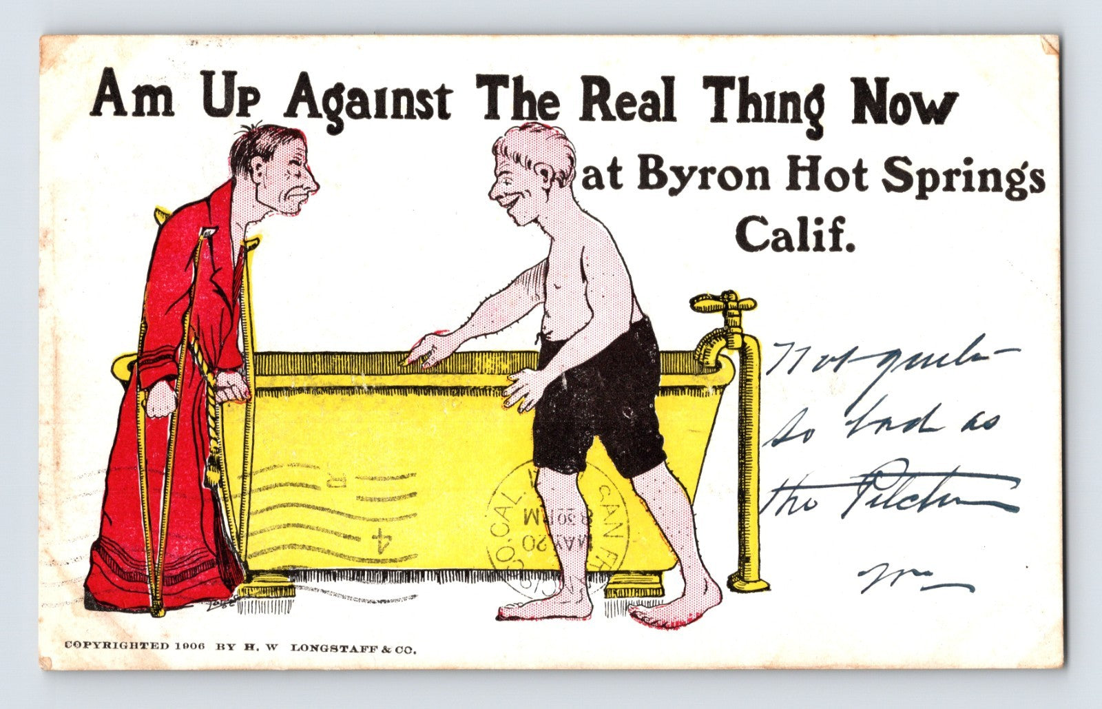 Byron Hot Springs California comic postcard showing cartoon bathhouse scene with man in tub and figure in red robe beside humorous resort caption text.