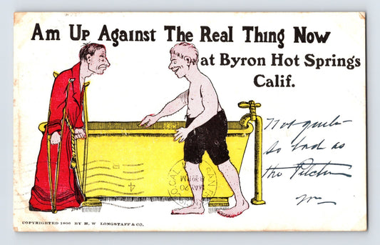 Byron Hot Springs California comic postcard showing cartoon bathhouse scene with man in tub and figure in red robe beside humorous resort caption text.
