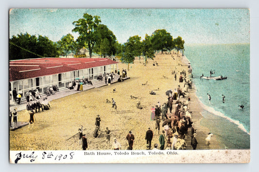 Toledo Ohio beach bath house crowd Lake Erie shoreline early 1900s postcard