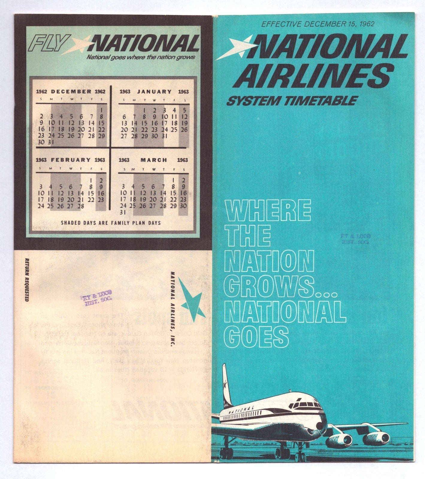 National Airlines December 1962 system timetable brochure Where the Nation Grows National Goes with jet illustration