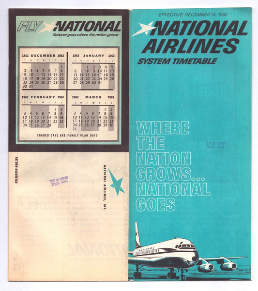 National Airlines December 1962 system timetable brochure Where the Nation Grows National Goes with jet illustration