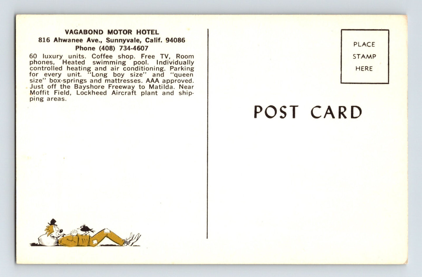 Sunnyvale California Vagabond Motor Hotel Motel 1960s Postcard Unposted