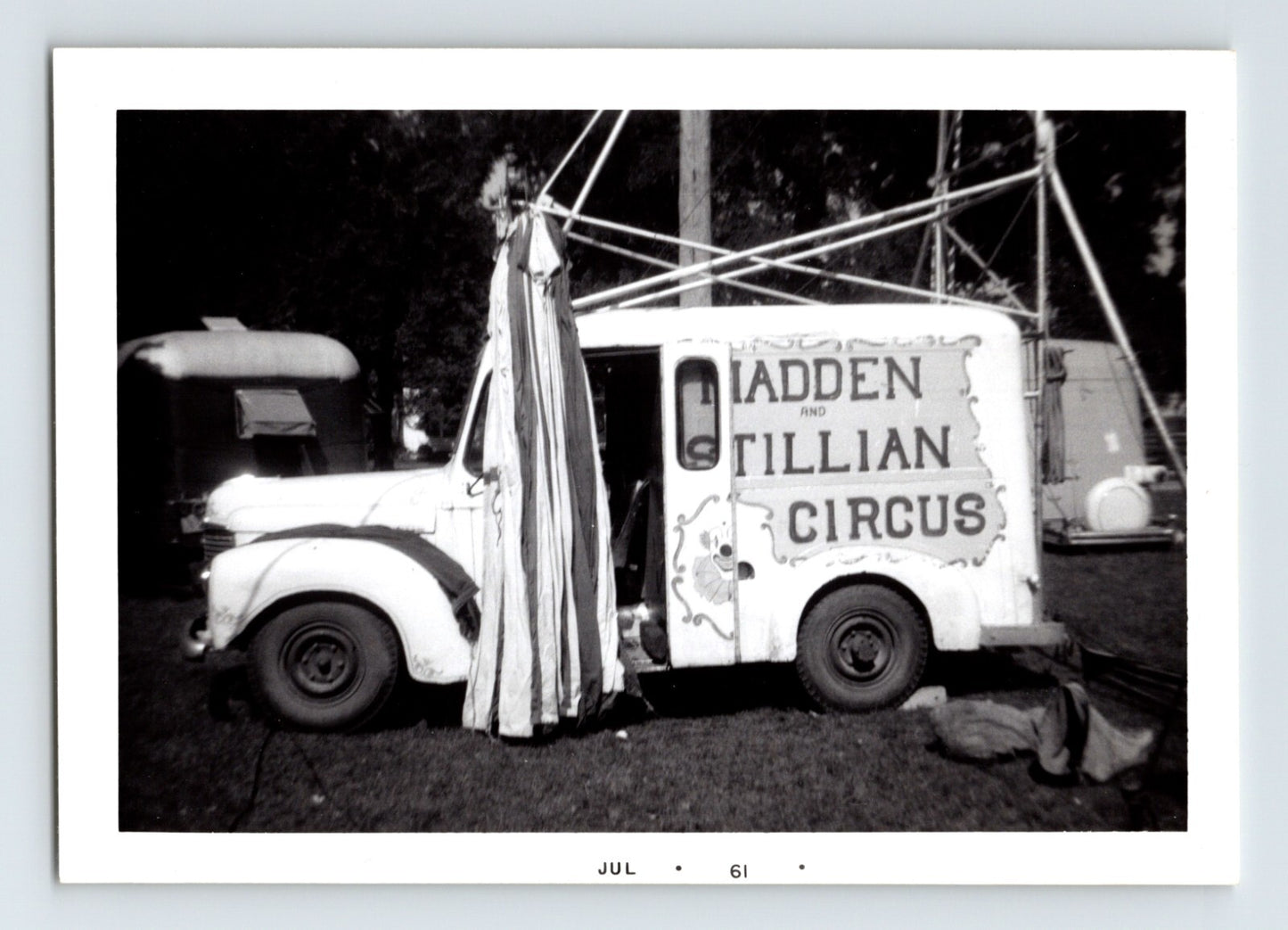 Madden Stillian Circus 1961 truck wagon tent rigging setup black and white photo