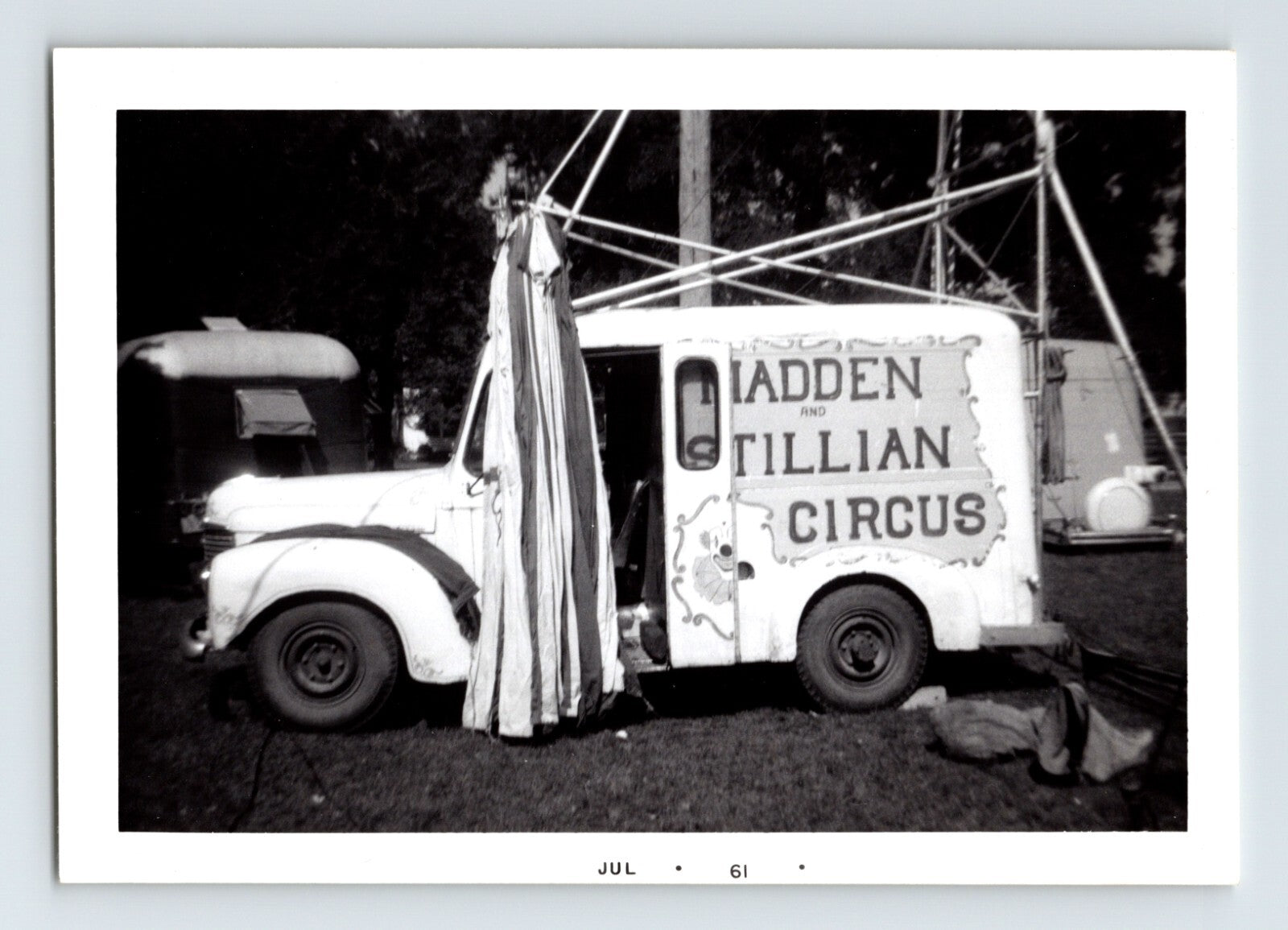 Madden Stillian Circus 1961 truck wagon tent rigging setup black and white photo