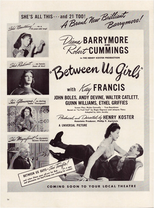 Between Us Girls 1942 film print ad Diana Barrymore Robert Cummings Kay Francis