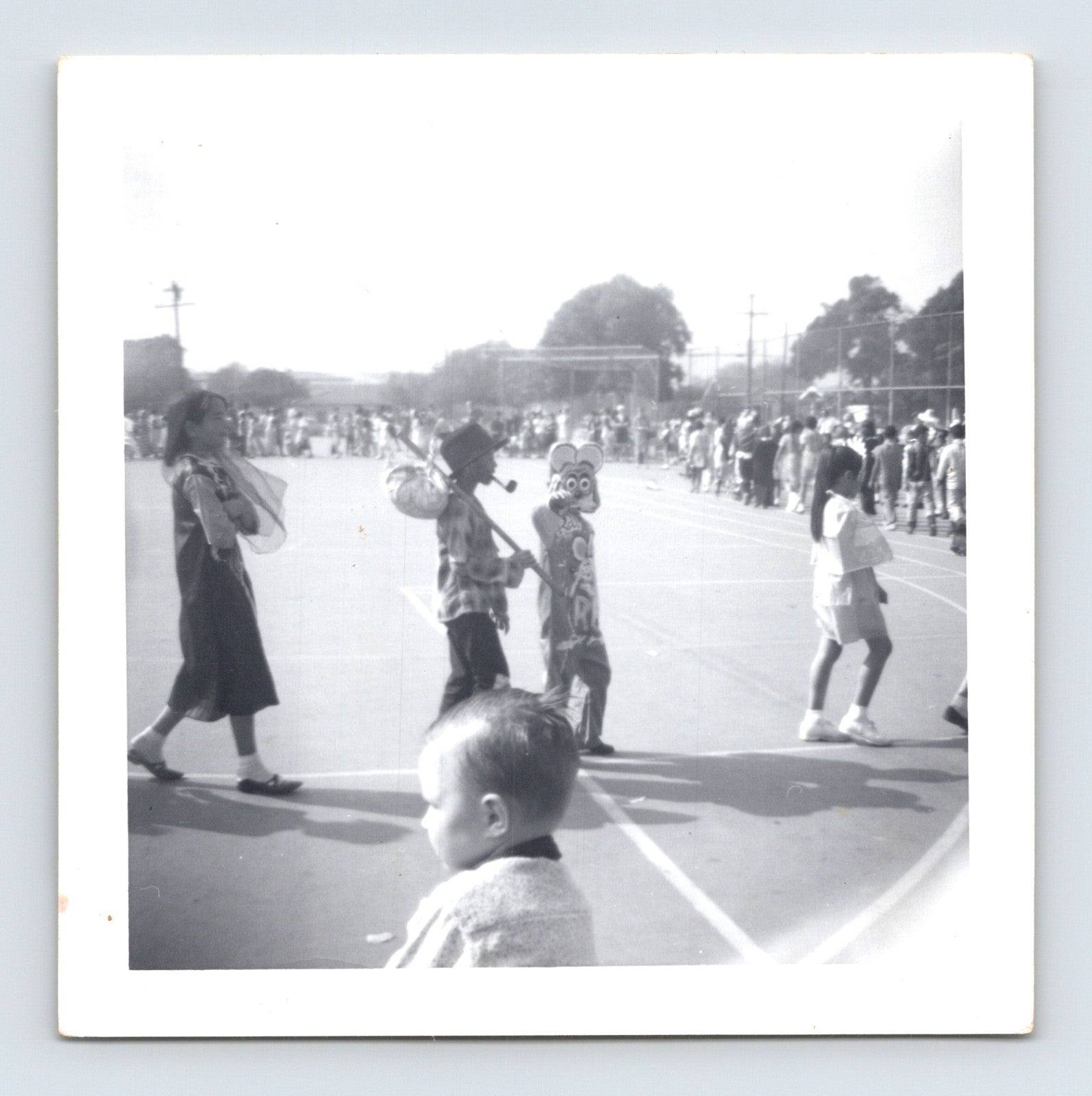 Halloween costume parade children mouse mask schoolyard crowd 1950s snapshot vintage photo 3.5 x 3.5