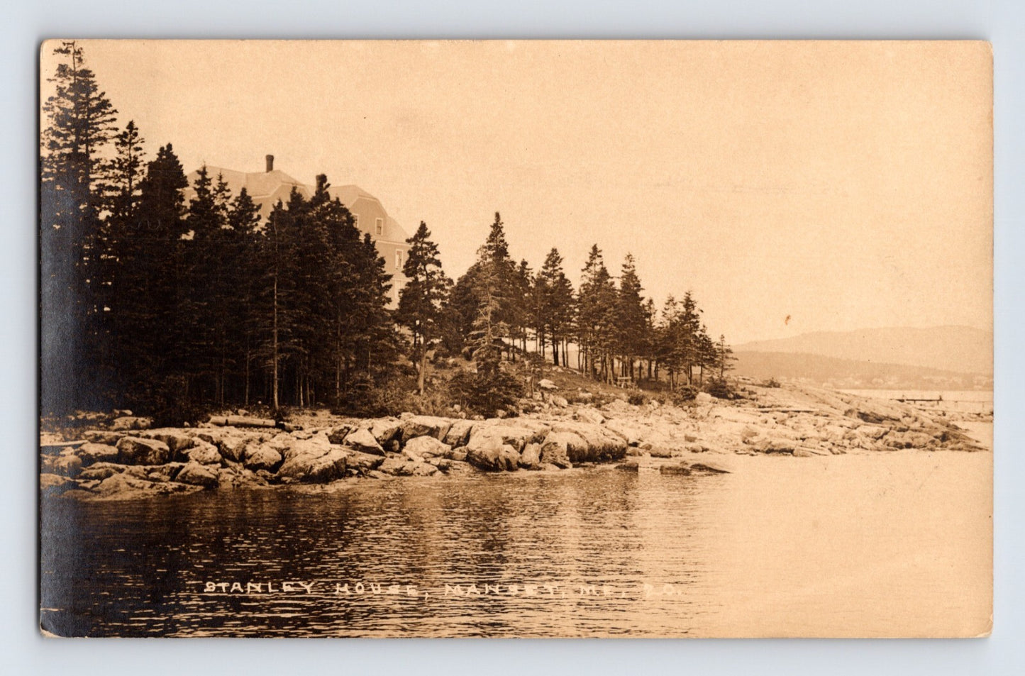 Manset Maine Stanley House shoreline trees rocky coast harbor water 1940s real photo postcard