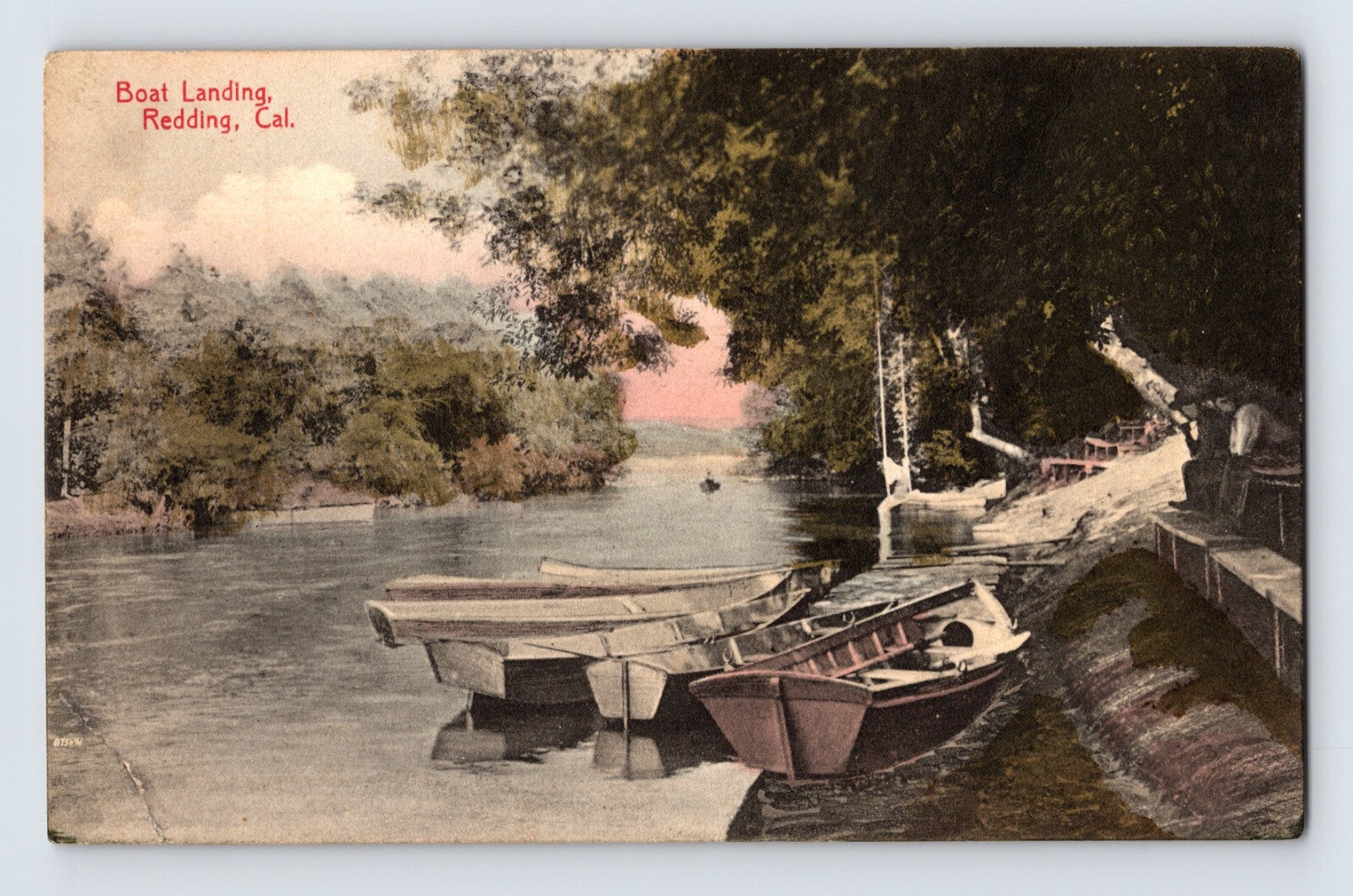 Boat landing river boats Redding California early riverfront postcard