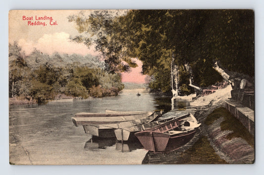 Boat landing river boats Redding California early riverfront postcard