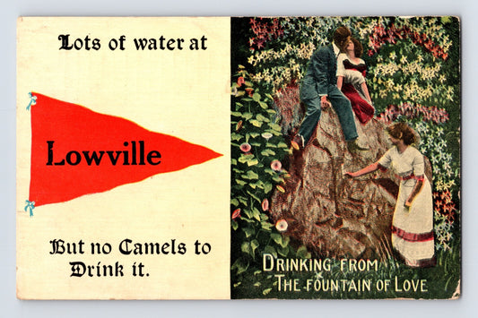 Lowville New York postcard pennant romance fountain of love couple 1910 posted