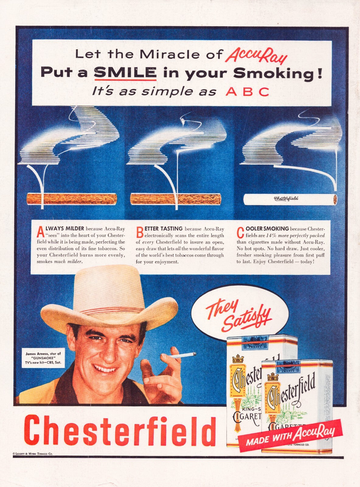 Chesterfield cigarette 1956 James Arness AccuRay smoking tobacco print ad full page