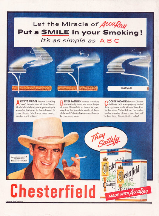 Chesterfield cigarette 1956 James Arness AccuRay smoking tobacco print ad full page