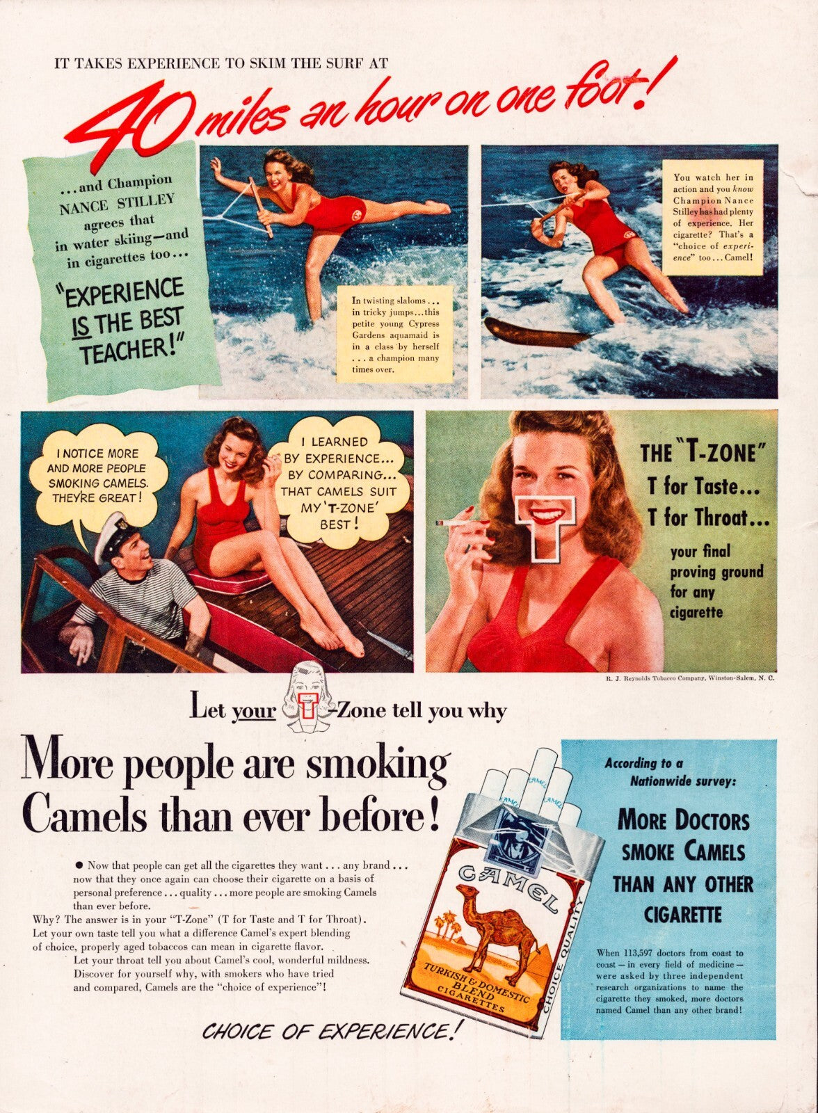 Camel cigarettes 1948 print ad water skiing woman beach lifestyle tobacco advertisement