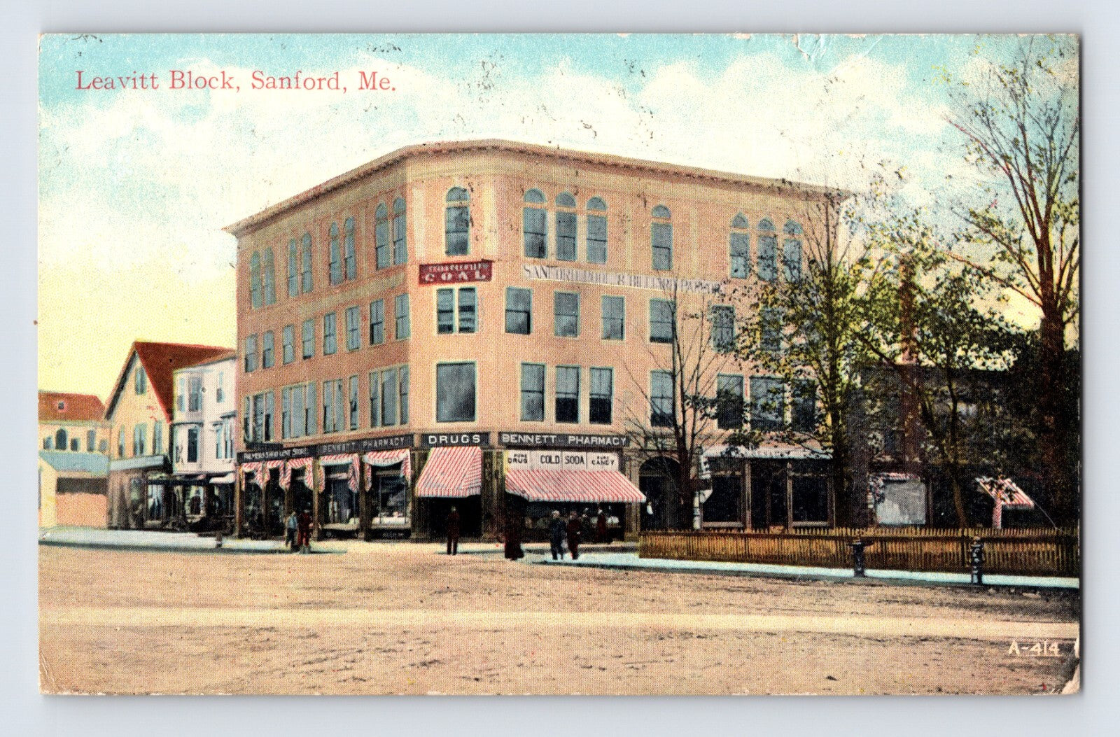 Sanford Maine Leavitt Block Bennett Drug Store 1916 divided back postcard