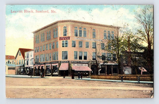 Sanford Maine Leavitt Block Bennett Drug Store 1916 divided back postcard