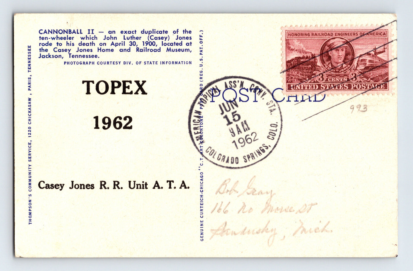 Jackson Tennessee Cannonball II Railroad Museum Train 1962 Postcard Fancy